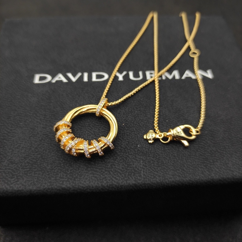 David Yurman Yellow Gold Circle Pendant Necklace with Pavé Diamonds